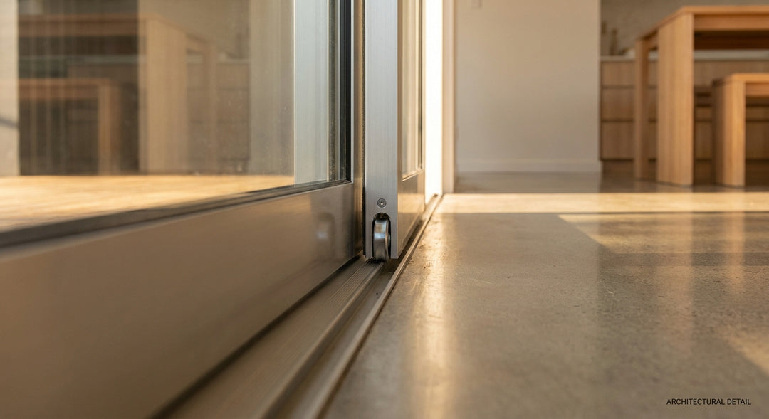 Close-up view of a sliding glass door roller mechanism along an aluminium track in a modern Australian home interior.